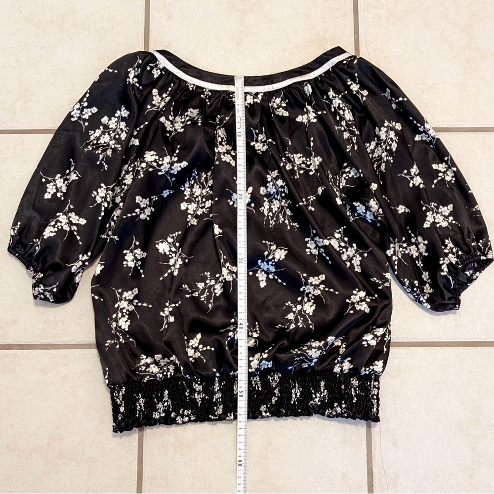 Size XL Y2K Suzy Shier Lace Up Floral Black and White Peasant Blouse Fairycore - Picture 11 of 14